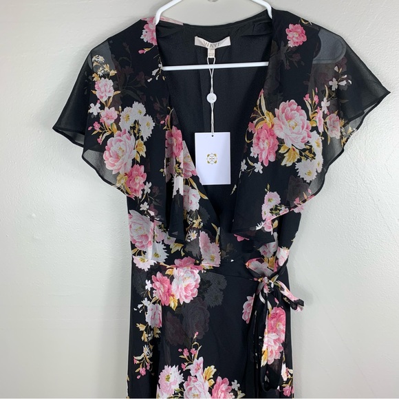 WAYF | Pink and Black Polermo Floral Print Maxi Wrap Dress | Size XS - Picture 3 of 7